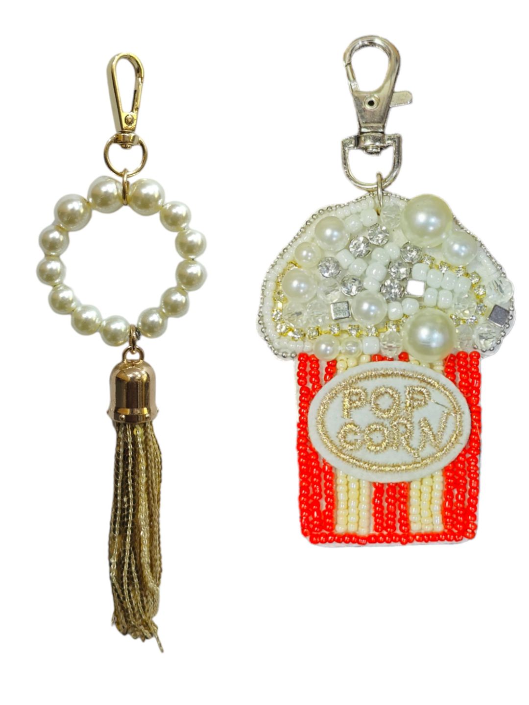 Combo of colourful popcorn bag charm & gold tassel bag charm. 