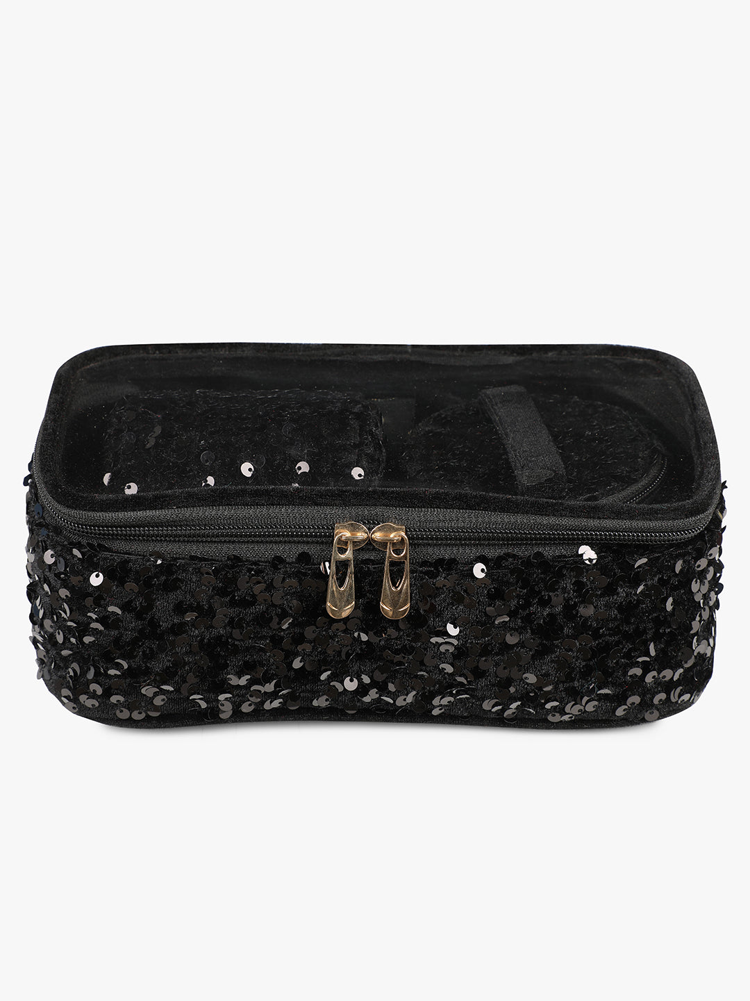 A black sequin accessory organizer from Vdesi, with a zipper.