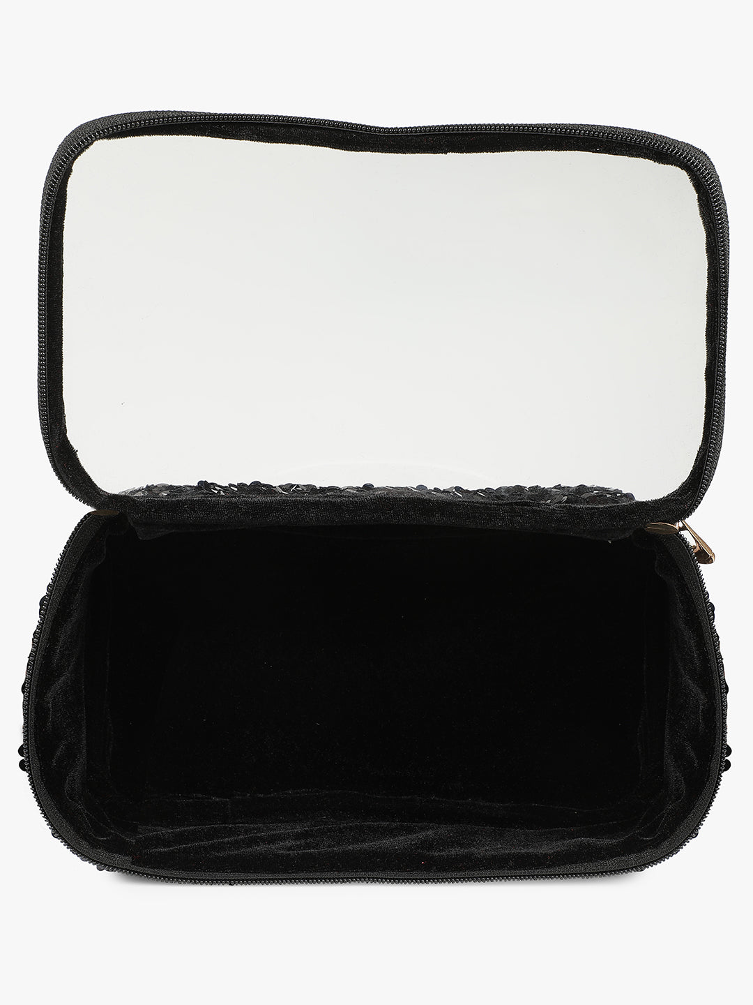 A black Vdesi accessory organiser with a mirror inside, perfect as a makeup pouch or bangles organizer.