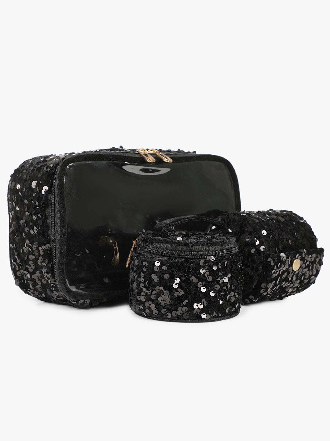 A black sequin accessory organizer with a gold zipper, perfect as a make up pouch. Brand: Vdesi