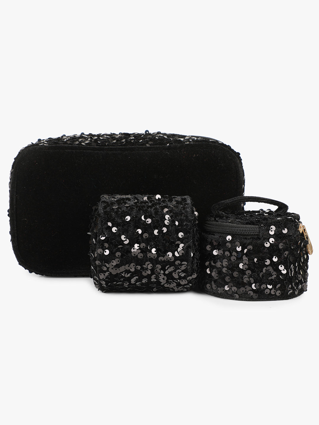 Shimmering Vdesi sequin accessory organizer set with a versatile make-up pouch.