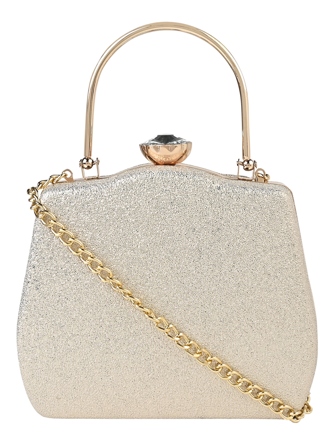 A plain gold clutch with a gold chain handle by Vdesi.