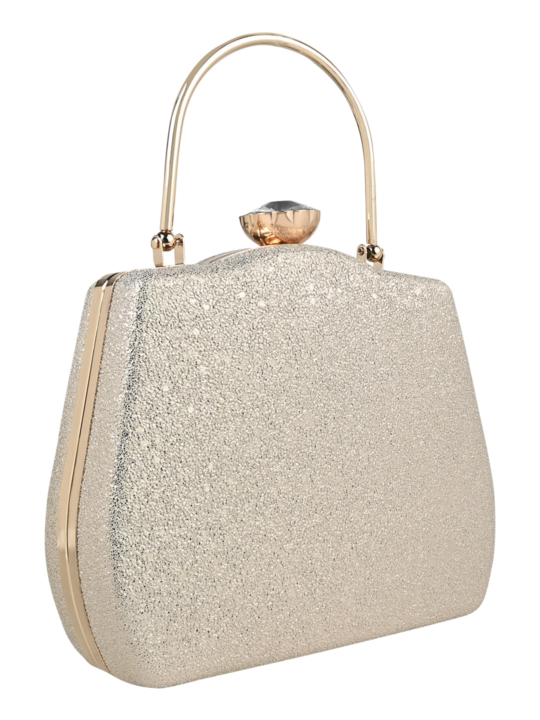 A Plain gold Vdesi clutch with a chain handle and shiny surface.