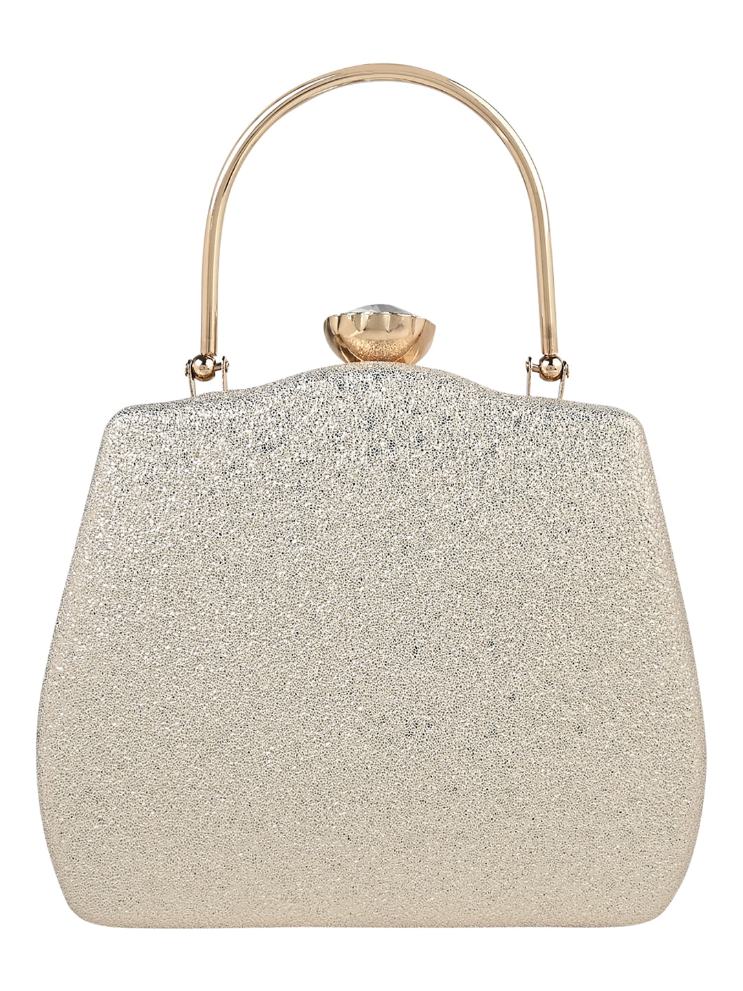 A white clutch with a Vdesi plain gold clutch handle.