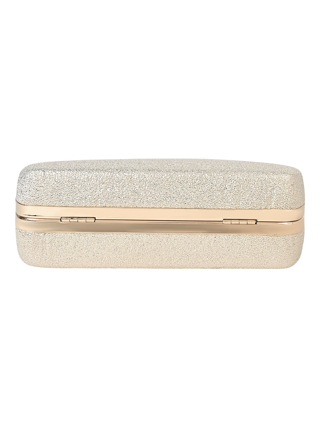 A Vdesi plain gold clutch with a shiny surface on a white background.