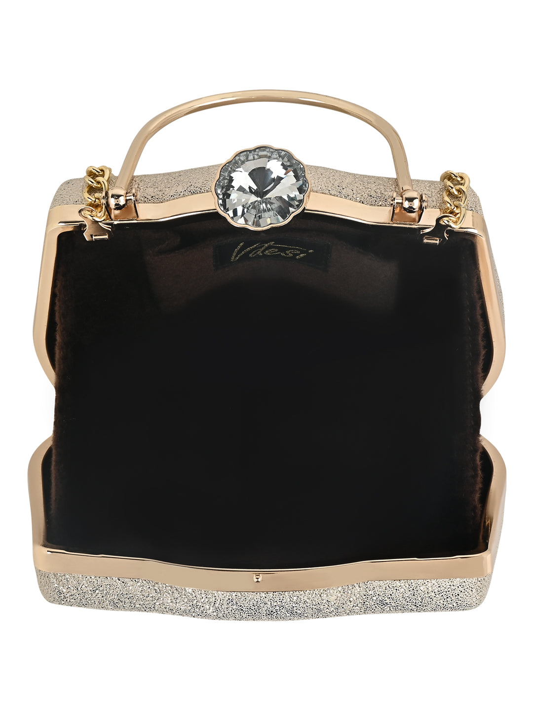 A shiny surface Vdesi clutch bag with a chain handle.