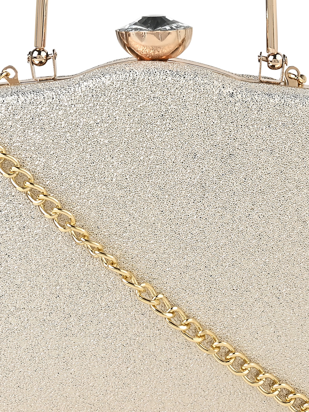 A shiny surface Vdesi Plain gold clutch with a chain handle.