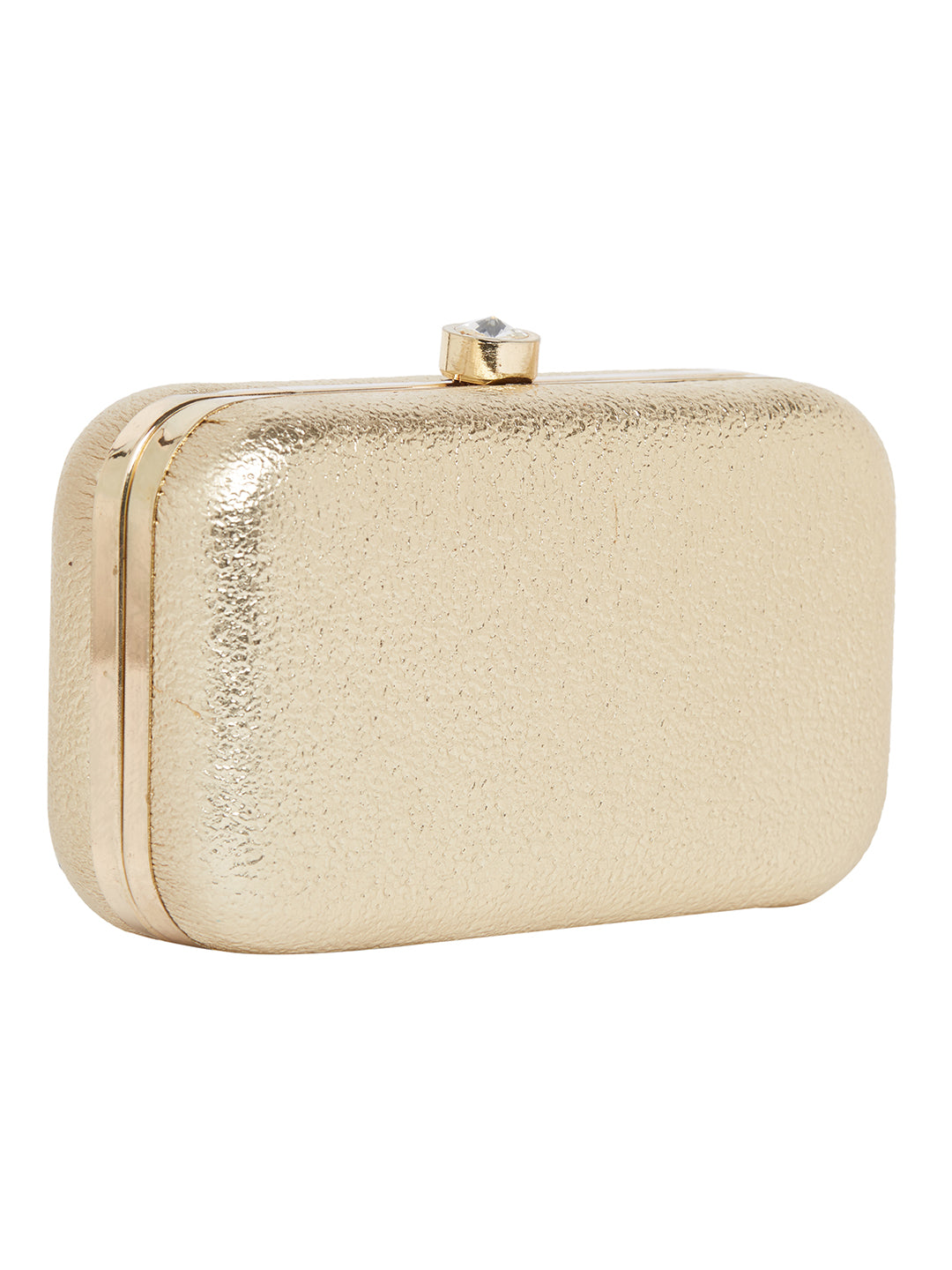 A Vdesi Base gold clutch bag on a white background.