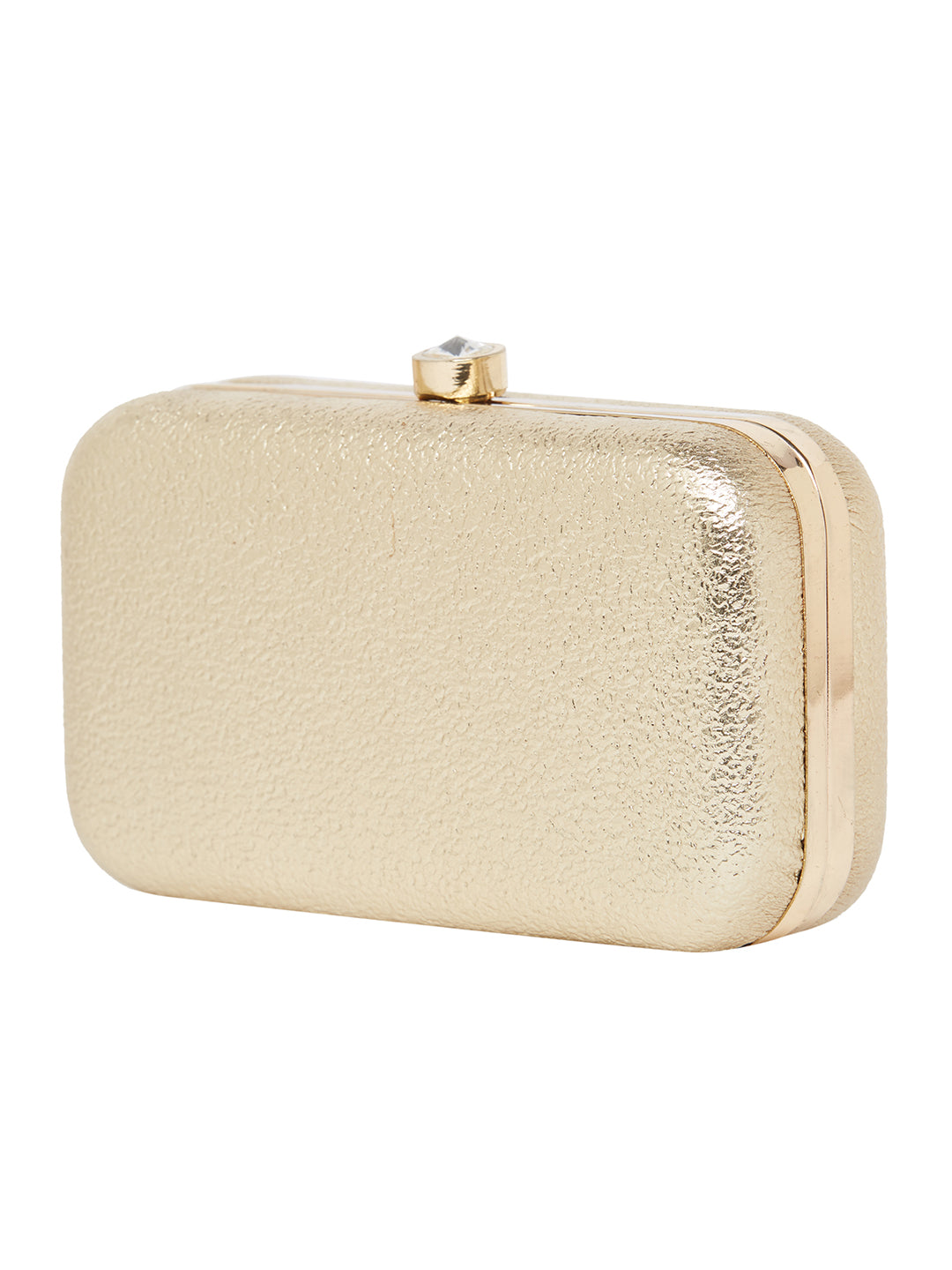 A Vdesi Base gold clutch bag with a metal clasp and a metal chain for added convenience.