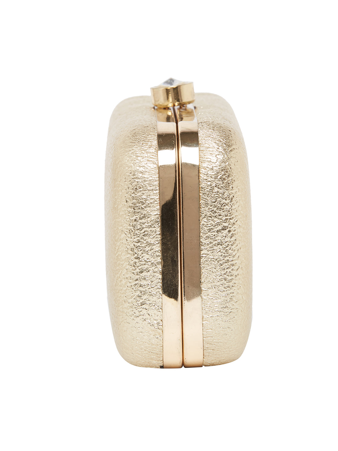 A Vdesi Base gold clutch bag with a metal chain on a white background.