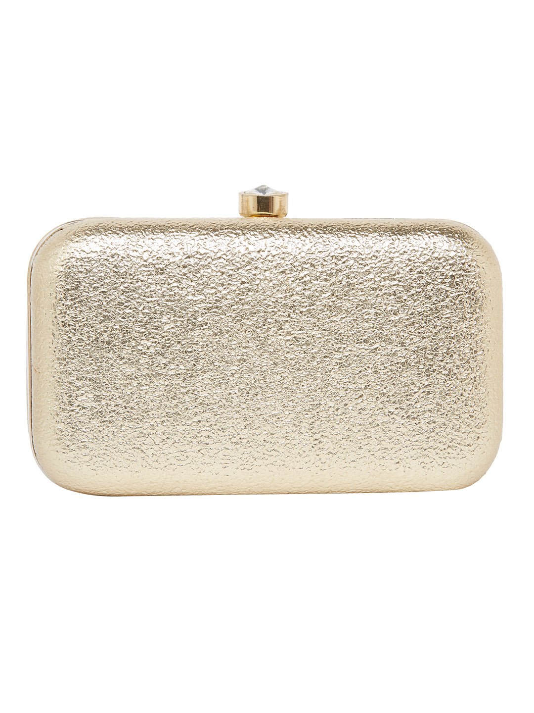 A Base gold clutch bag with a metal chain on a white background, made by Vdesi.