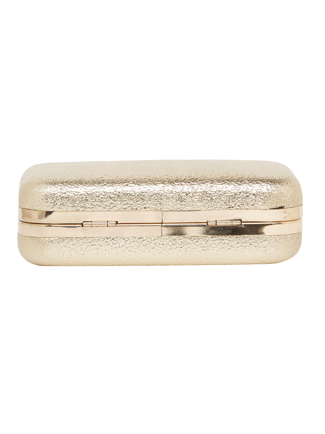 A Vdesi base gold clutch bag with a metal chain on a white background.