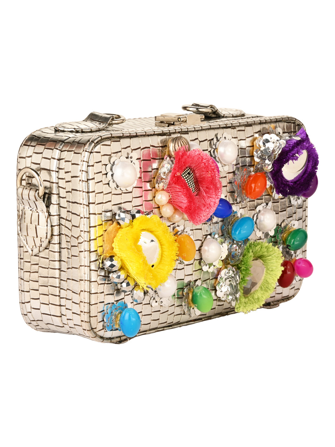 A Rangeela silver waist cum sling clutch bag with colorful flowers on it by Vdesi.