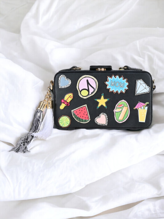 Ladies Black pop badges box sling