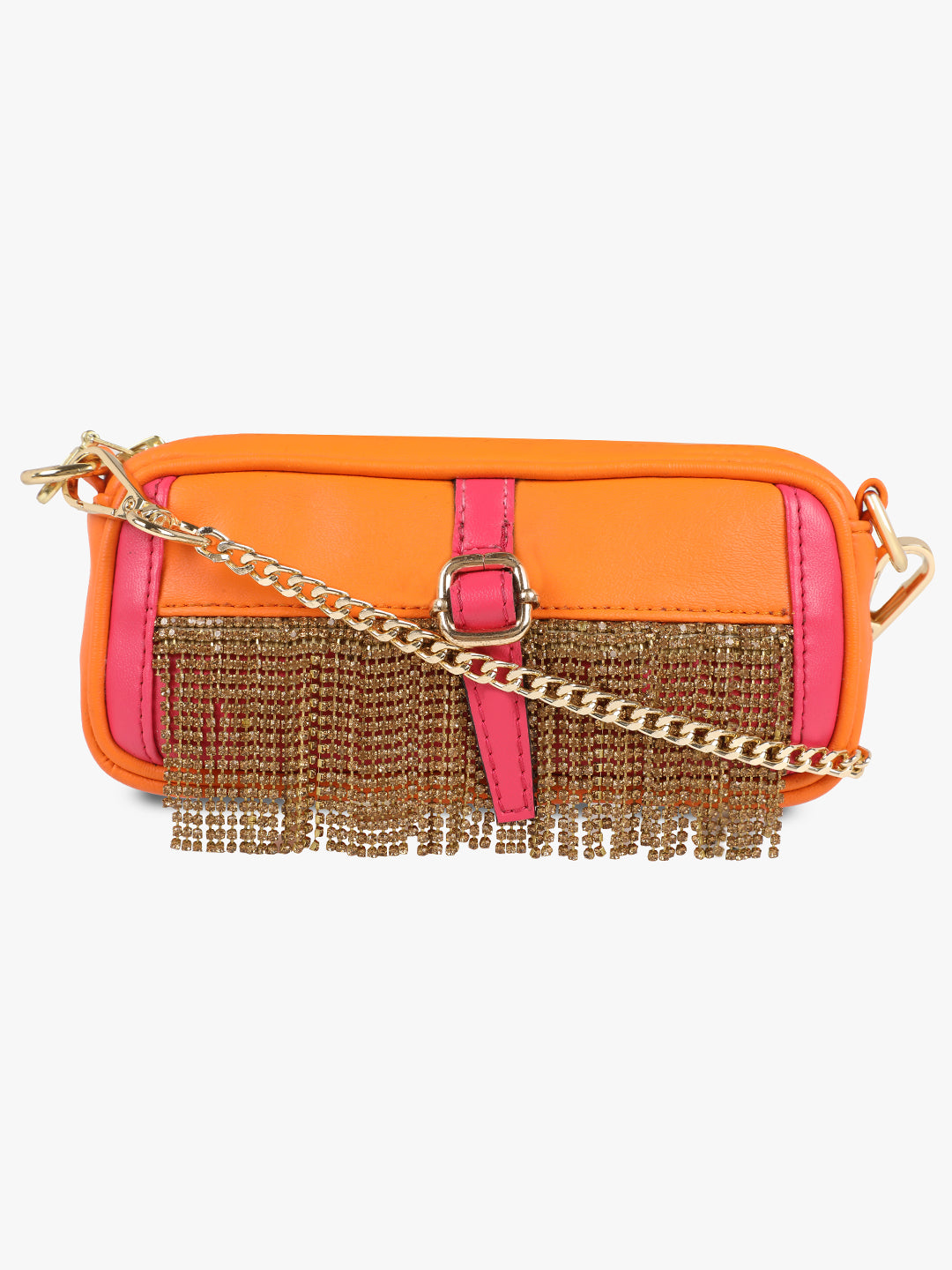 A vibrant Orange pink golden fringed fanny pack, perfect for carrying essentials with its handy pocket from Vdesi.