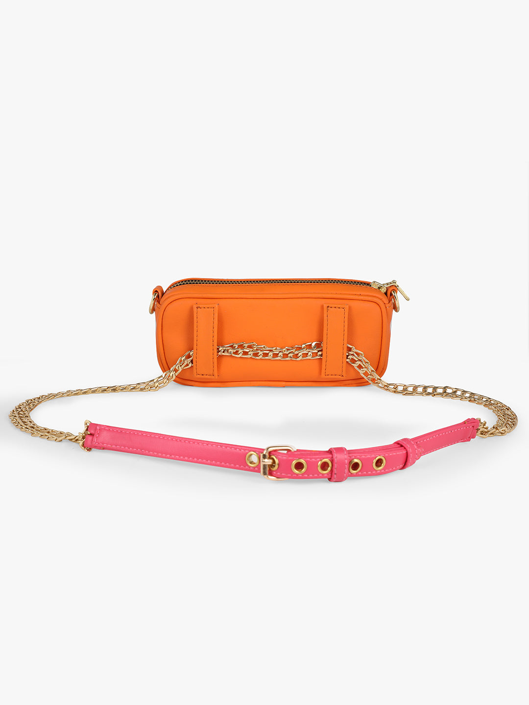 An orange pink golden fringed fanny pack from Vdesi, with a chain, featuring a pocket.