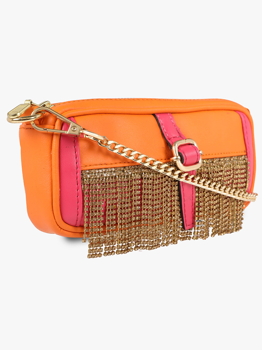 A trendy Vdesi orange pink golden fringed fanny pack, perfect as a fashion statement for any occasion. Made from high-quality PU material, this bag offers both style and durability. With its compact design and