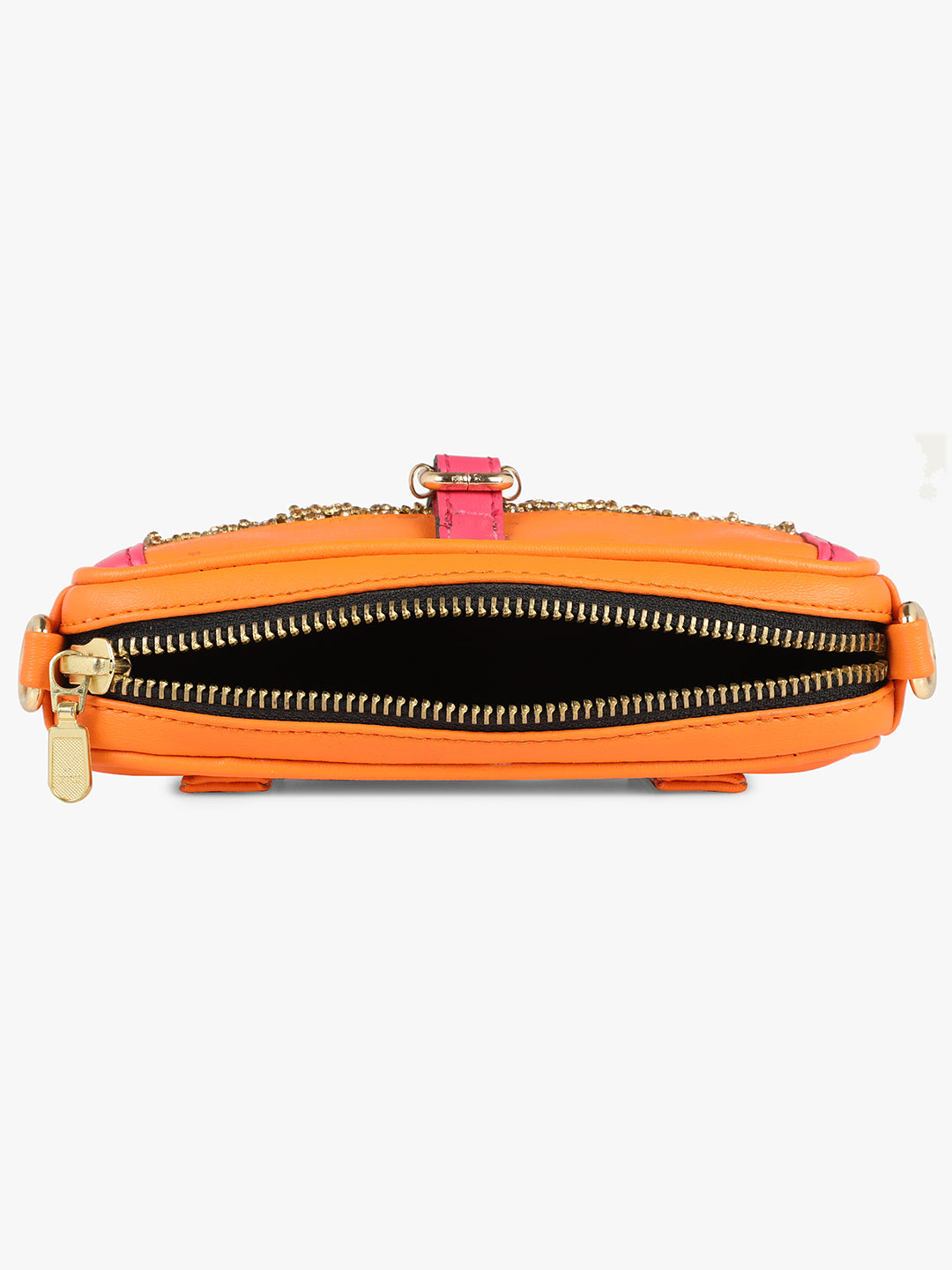 An Orange pink golden fringed fanny pack with a zipper pocket by Vdesi.