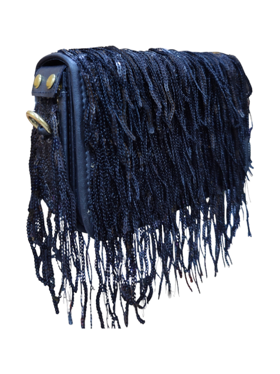 A Belly Dancer Flip Bag by vdesiindia, with fringes on it, adding style to its convenience.