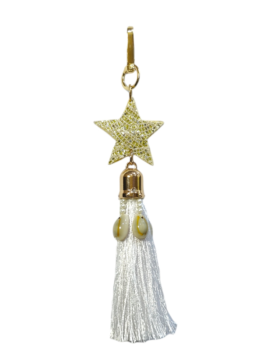 A white star tassel bag charm is a stylish accessory designed to add a touch of flair and personality to any handbag or purse.