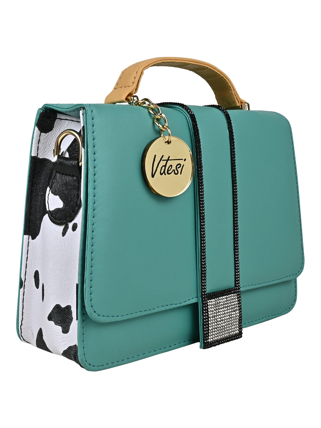 It has a cow print on it. It is a must-have sling bag.