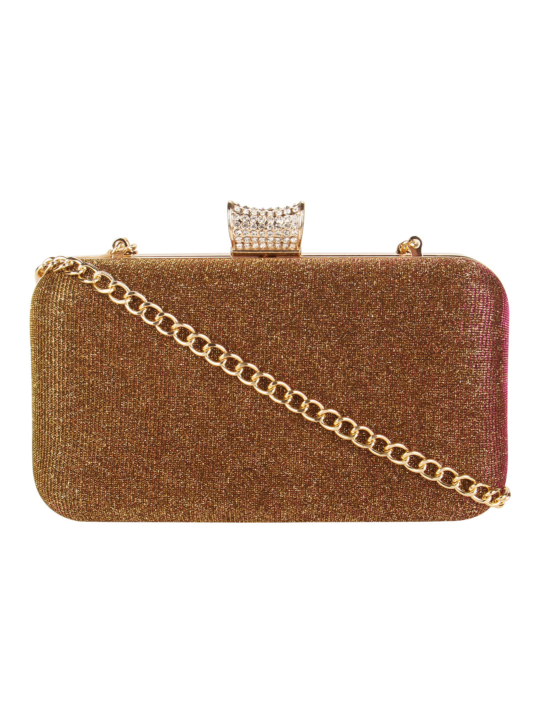 A ladies shimmer clutch on plain white background. 